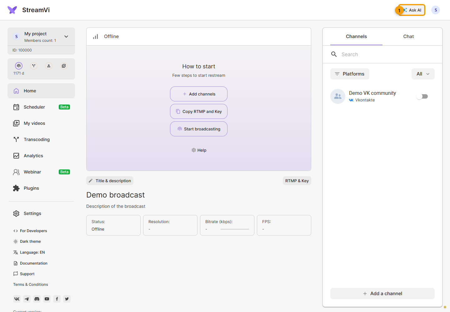 The Ask AI button in the StreamVi dashboard header. The screenshot shows a demo project.