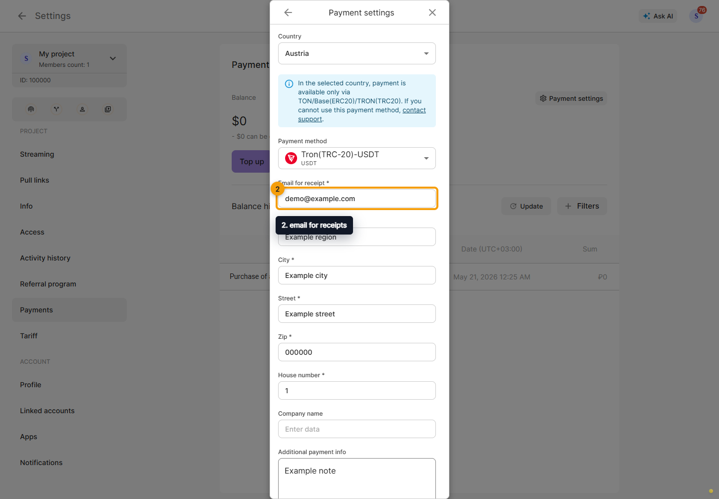 Payment settings with country and payment-method selection. The contact details shown are examples.