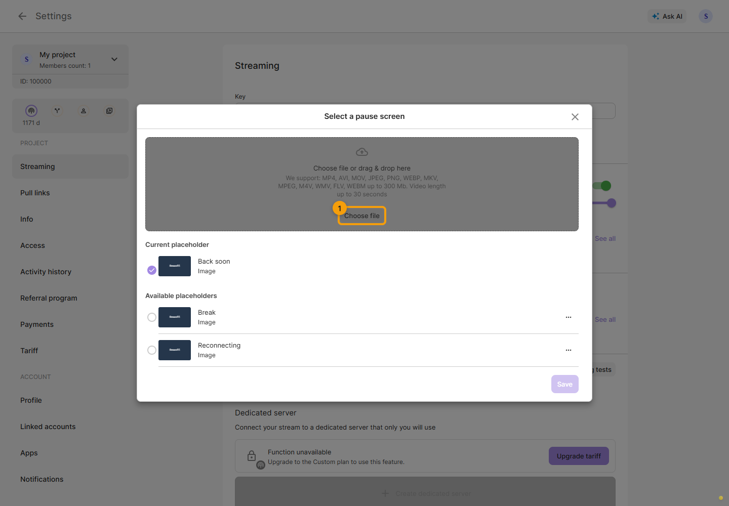 The English placeholder gallery with Choose file highlighted.