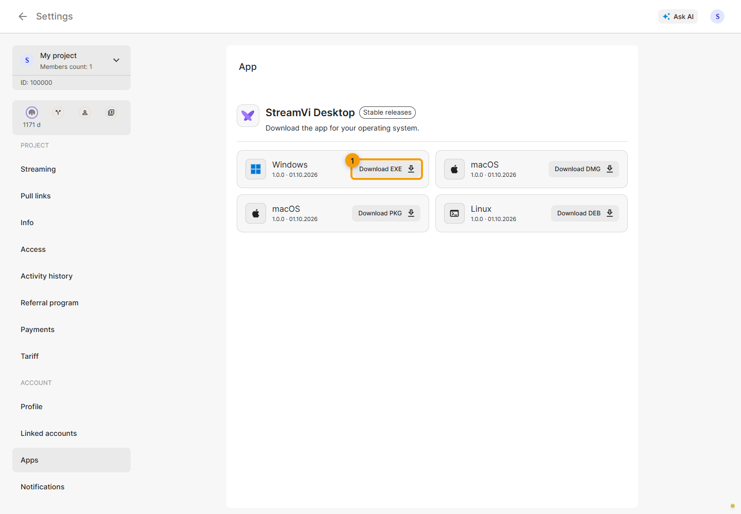 The Apps page in the Cabinet, where you can download StreamVi Desktop.