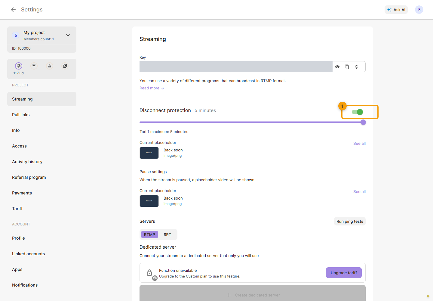 Disconnect protection in the project's Streaming settings, with the stream key hidden.