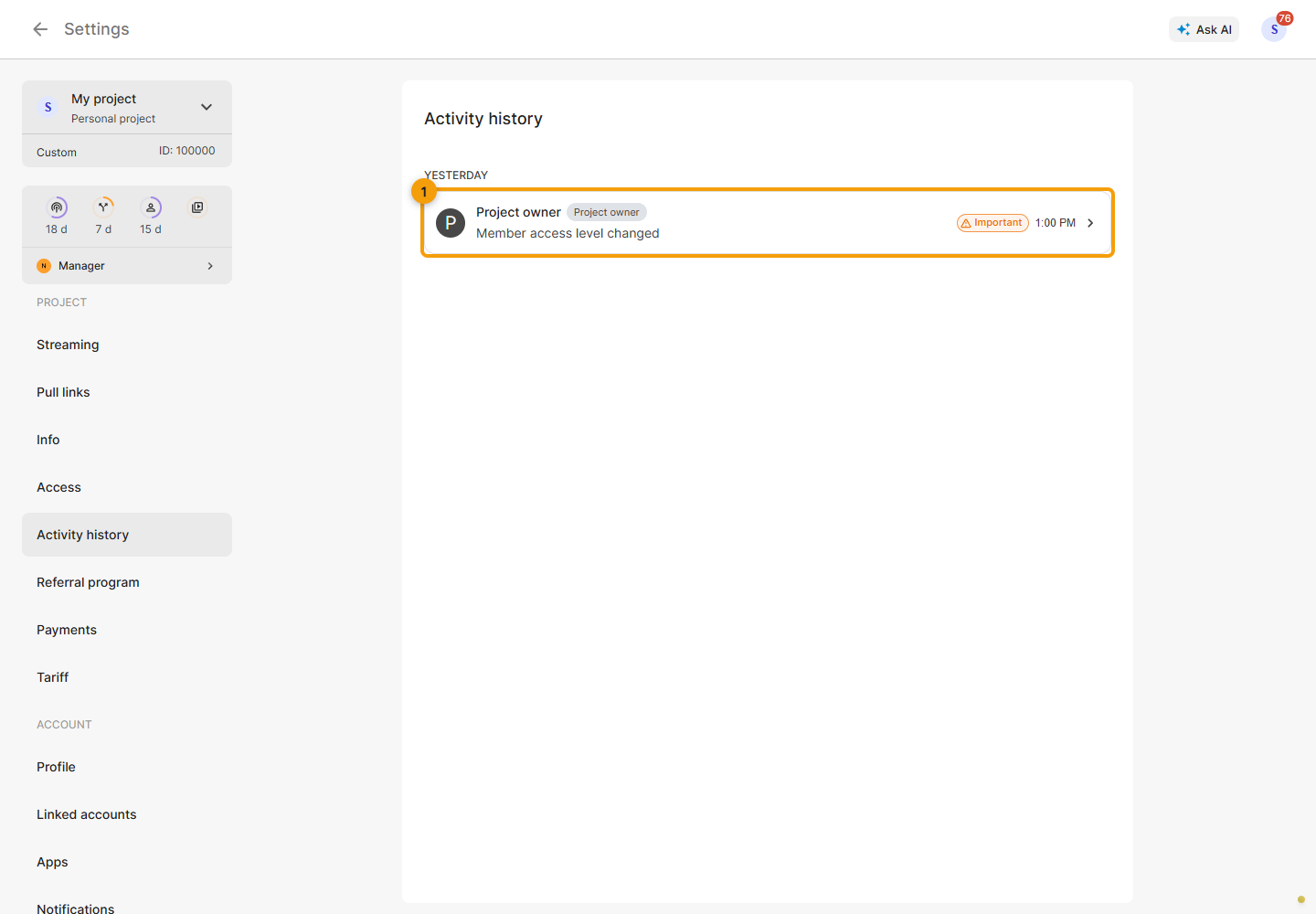 A member-access change in the project's activity history.