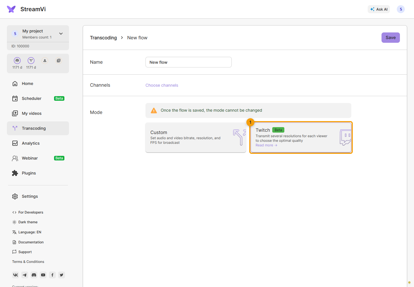 Selecting Twitch mode in the new transcoding flow form.