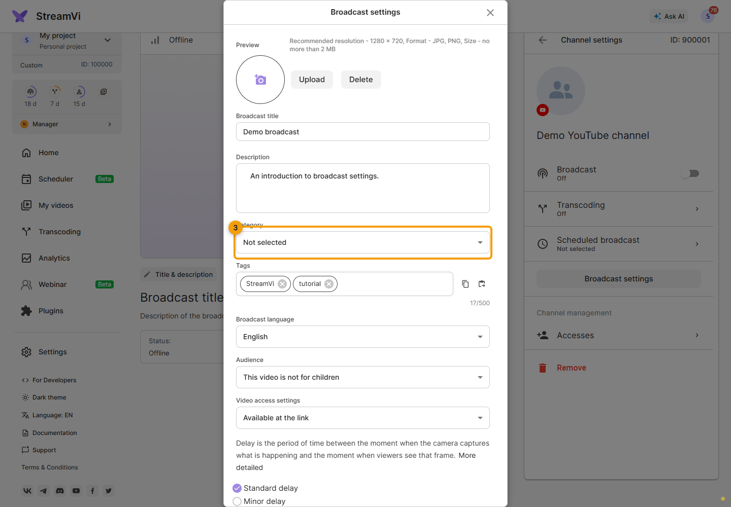 YouTube settings. 3. Choose a category