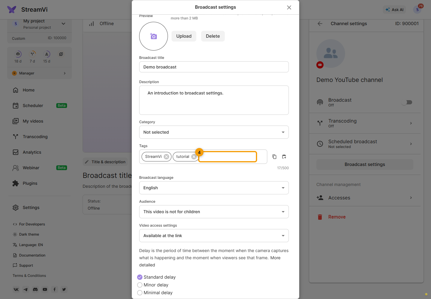 YouTube settings. 4. Add tags
