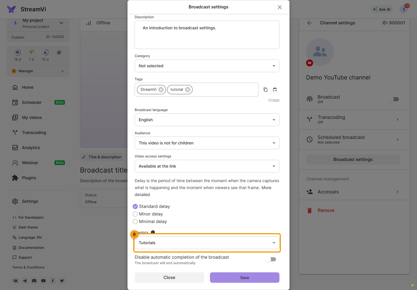 YouTube settings. 6. a playlist