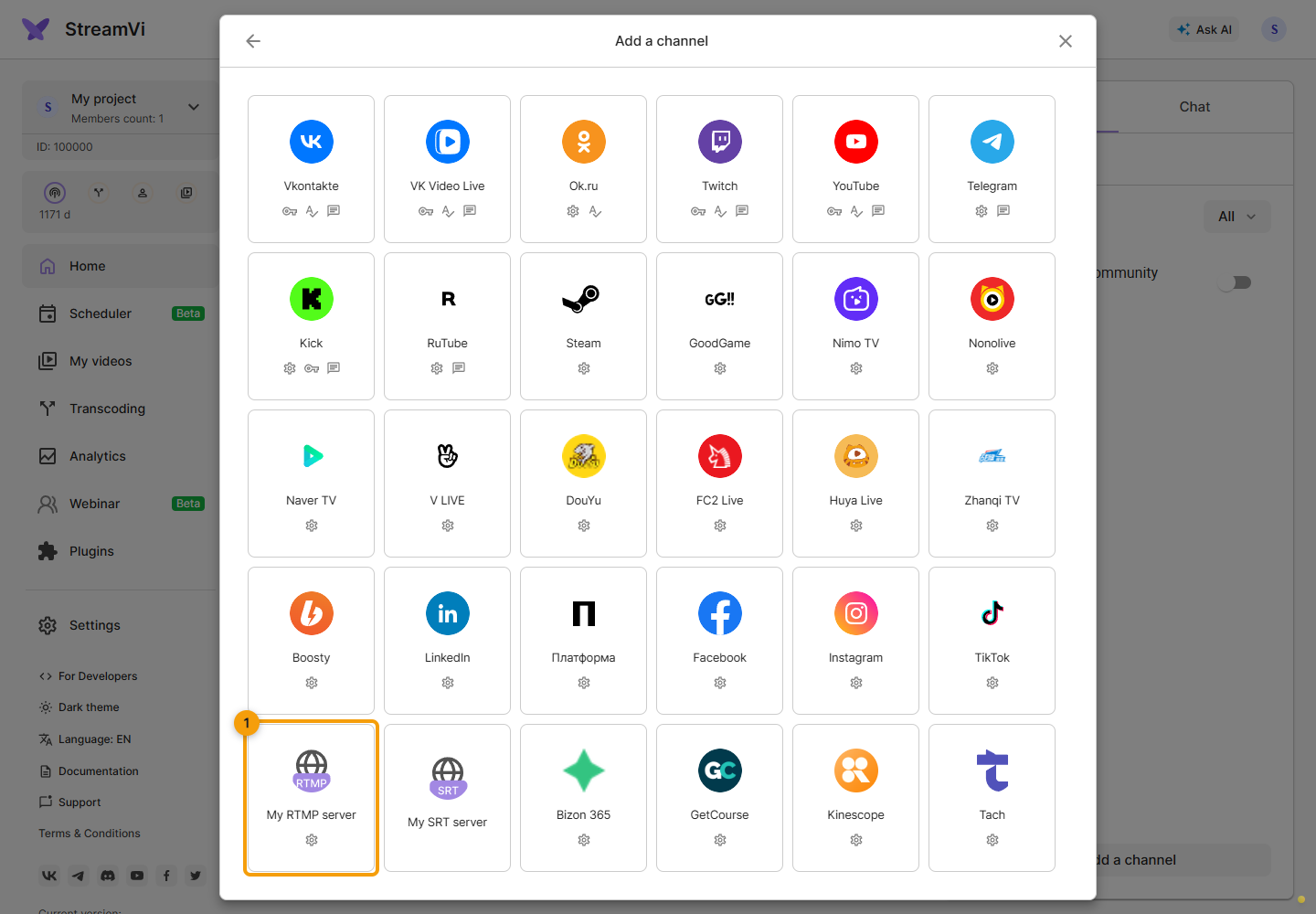 Adding channels. 1. select the channel's platform