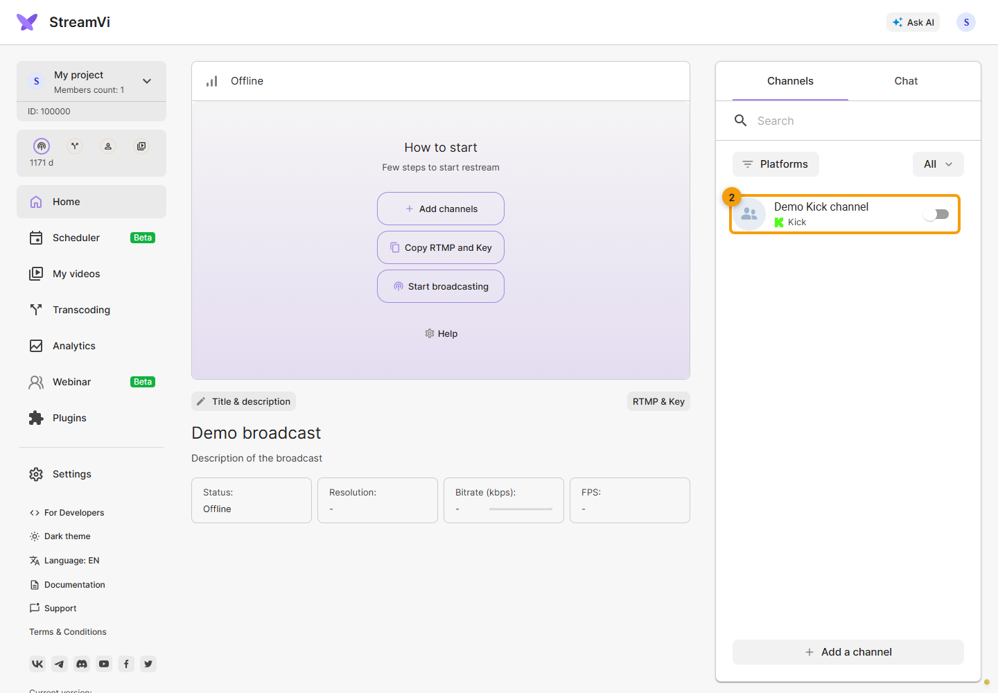 Kick. 2. Click the Kick channel’s row to open settings