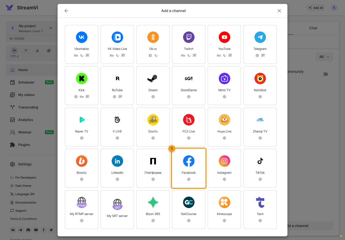RTMP platforms. 1. select your platform’s tile - Facebook in this example