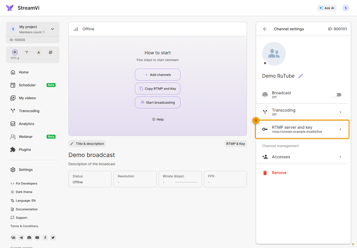 RuTube. 1. RTMP server and key