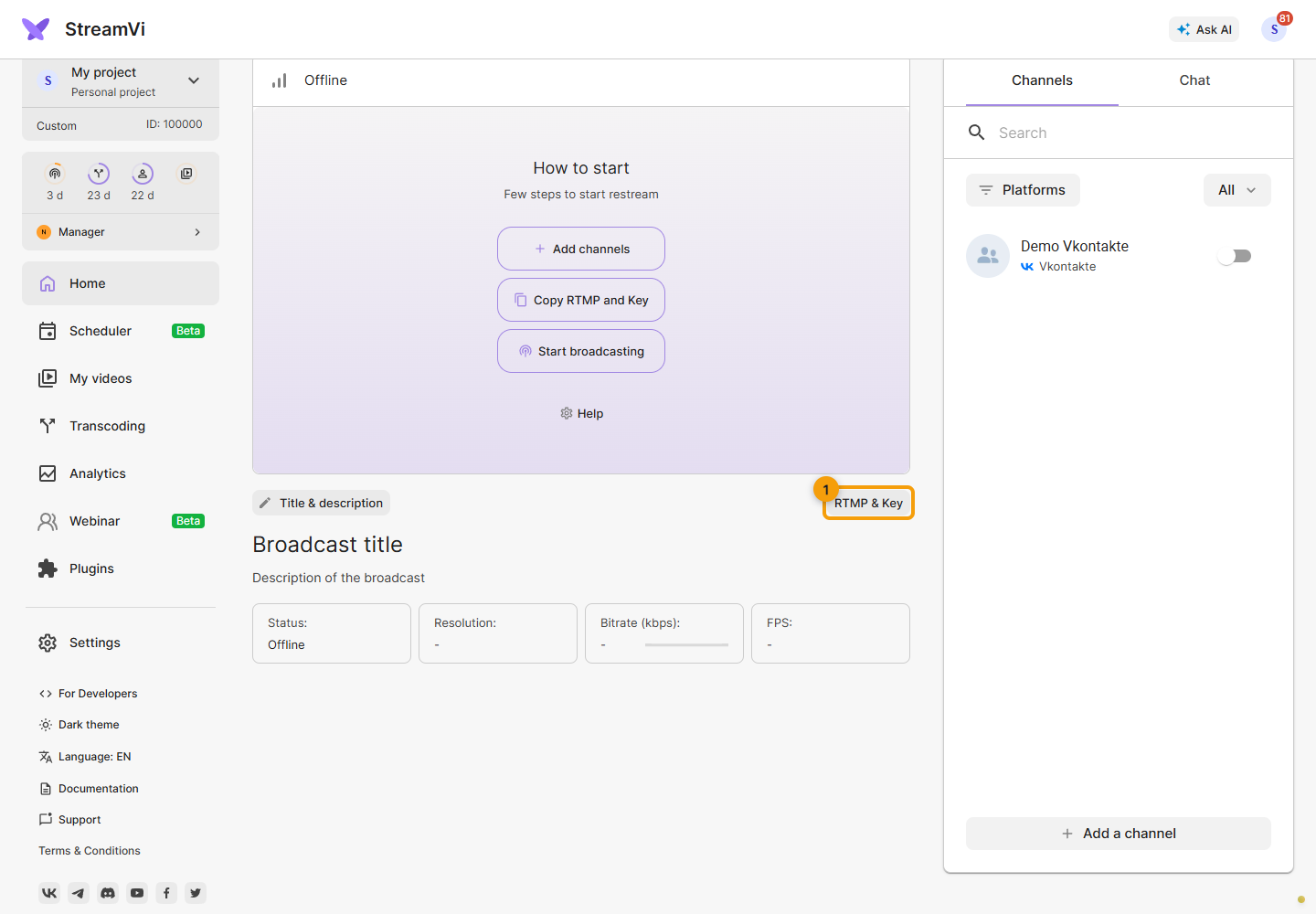 ManyCam. 1. In StreamVi, open Home → RTMP and Key.