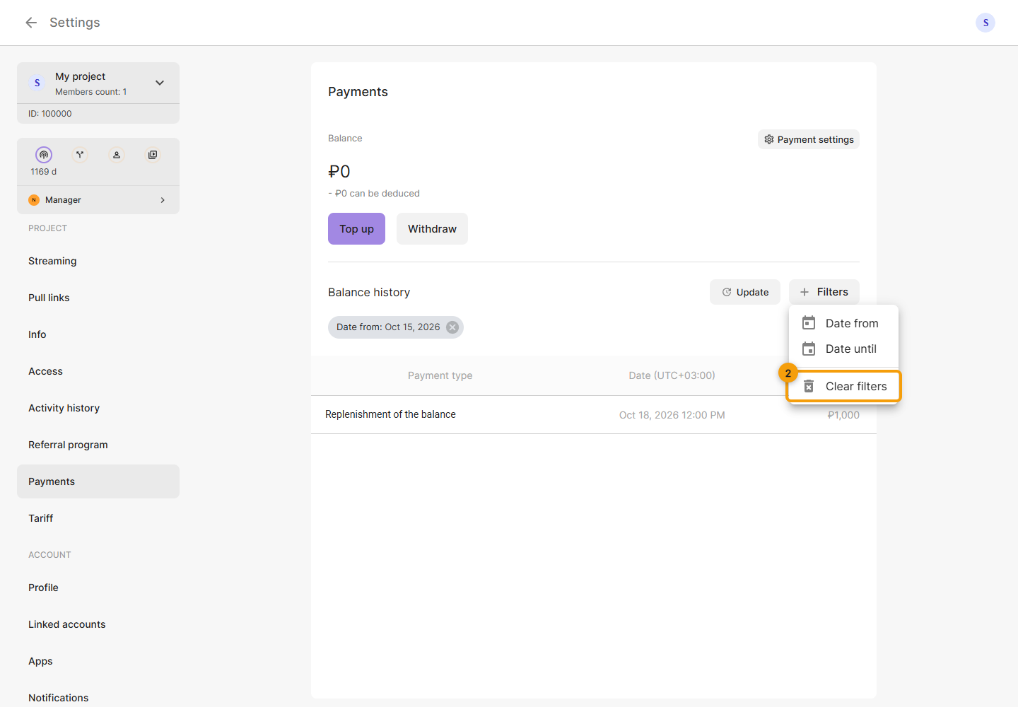 Payments. 2. click Clear filters to remove both dates