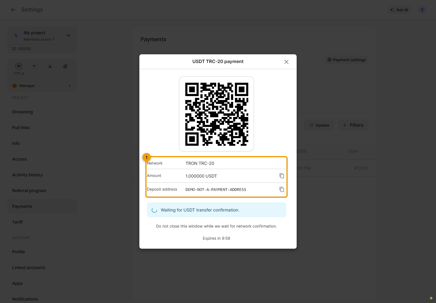 USDT TRC-20. 1. Check the network, exact USDT amount and recipient address