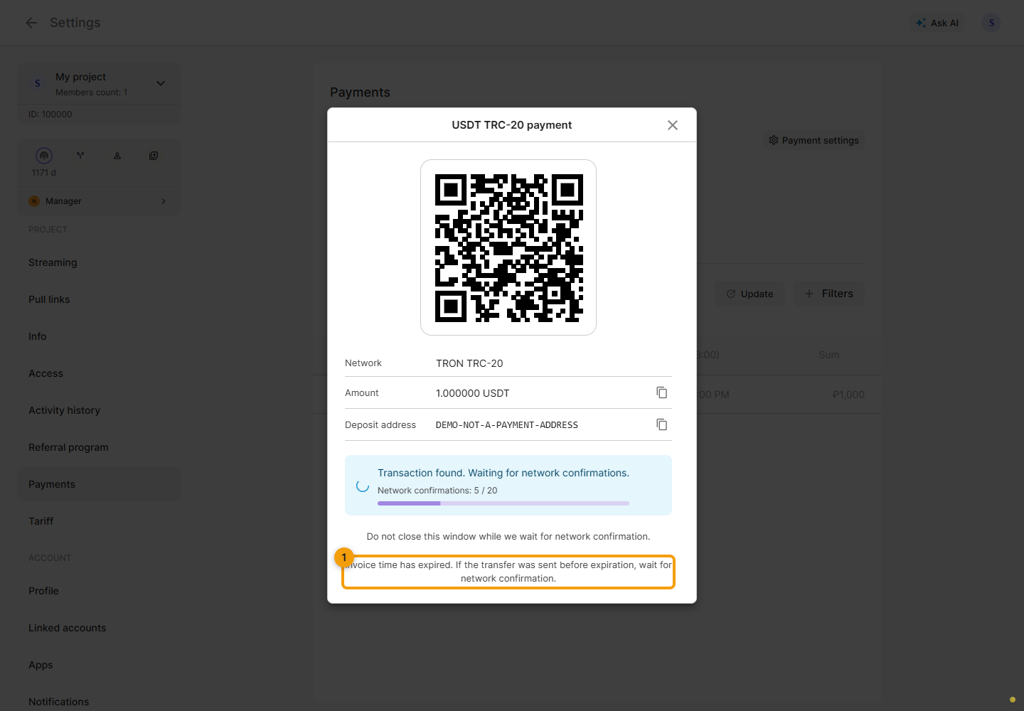 USDT TRC-20. 1. Check the invoice time remaining at the bottom of the dialog
