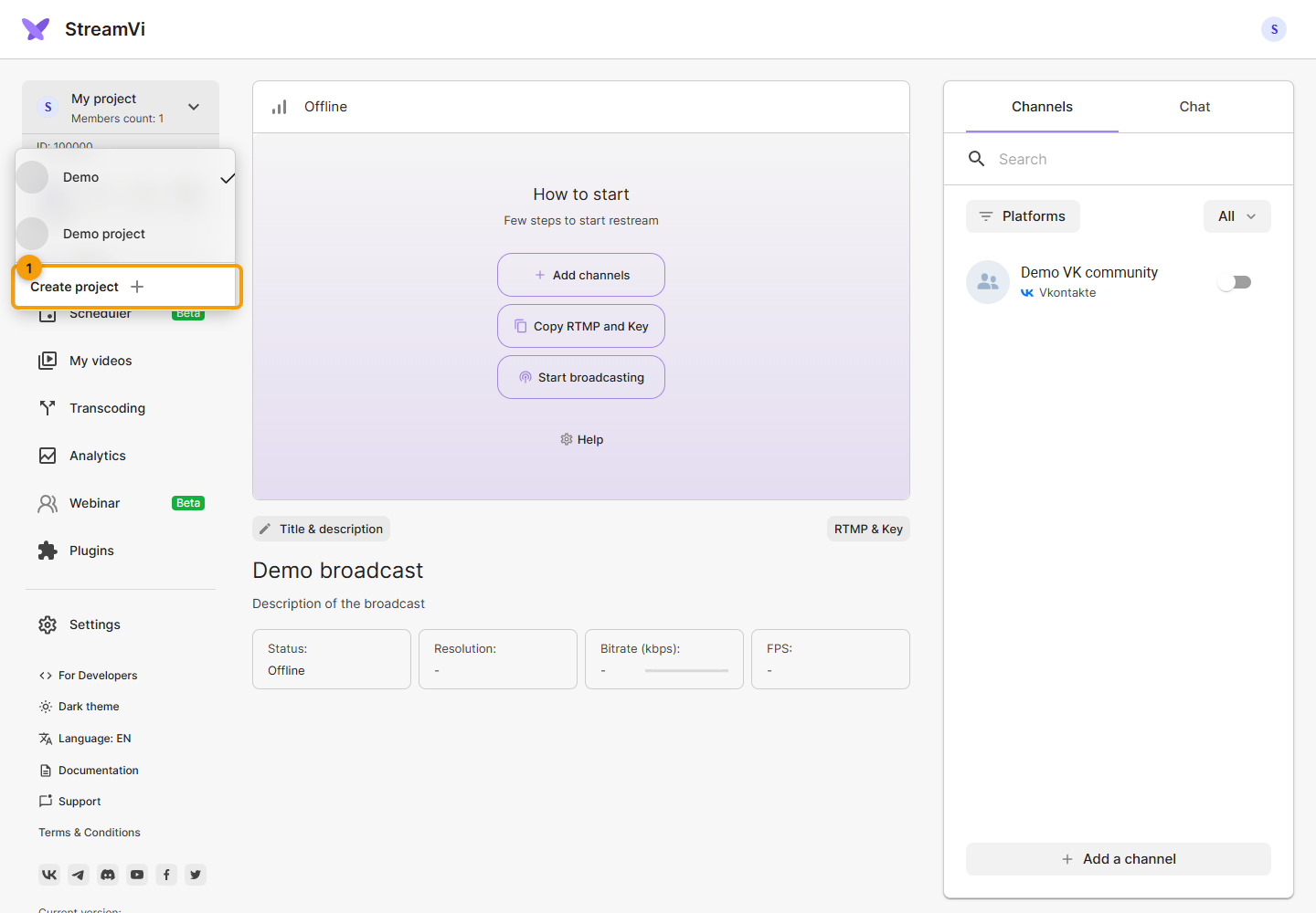 Create a project. 1. choose Create project