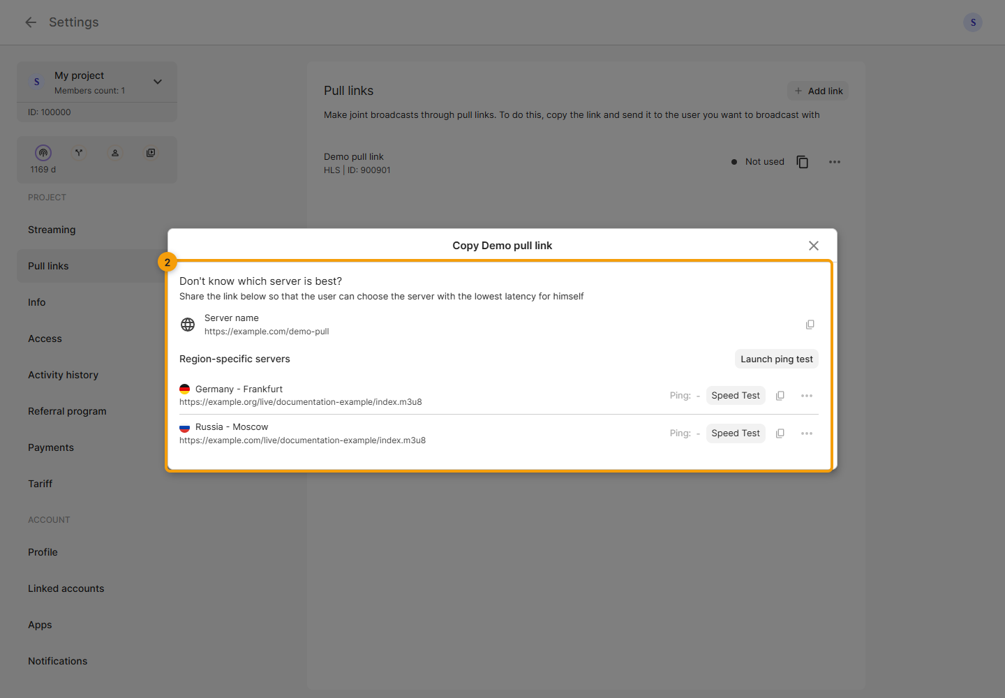 Pull links. 2. choose an address: the share link for the recipient or a specific regional server address