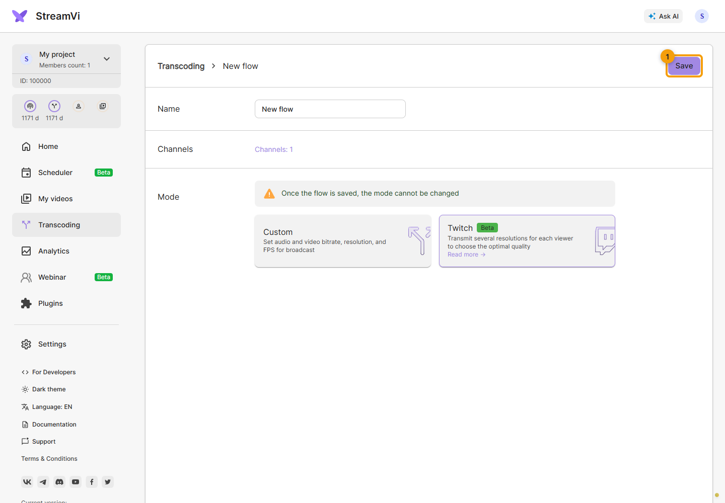 Transcoding for Twitch. 1. Click Save at the top of the page