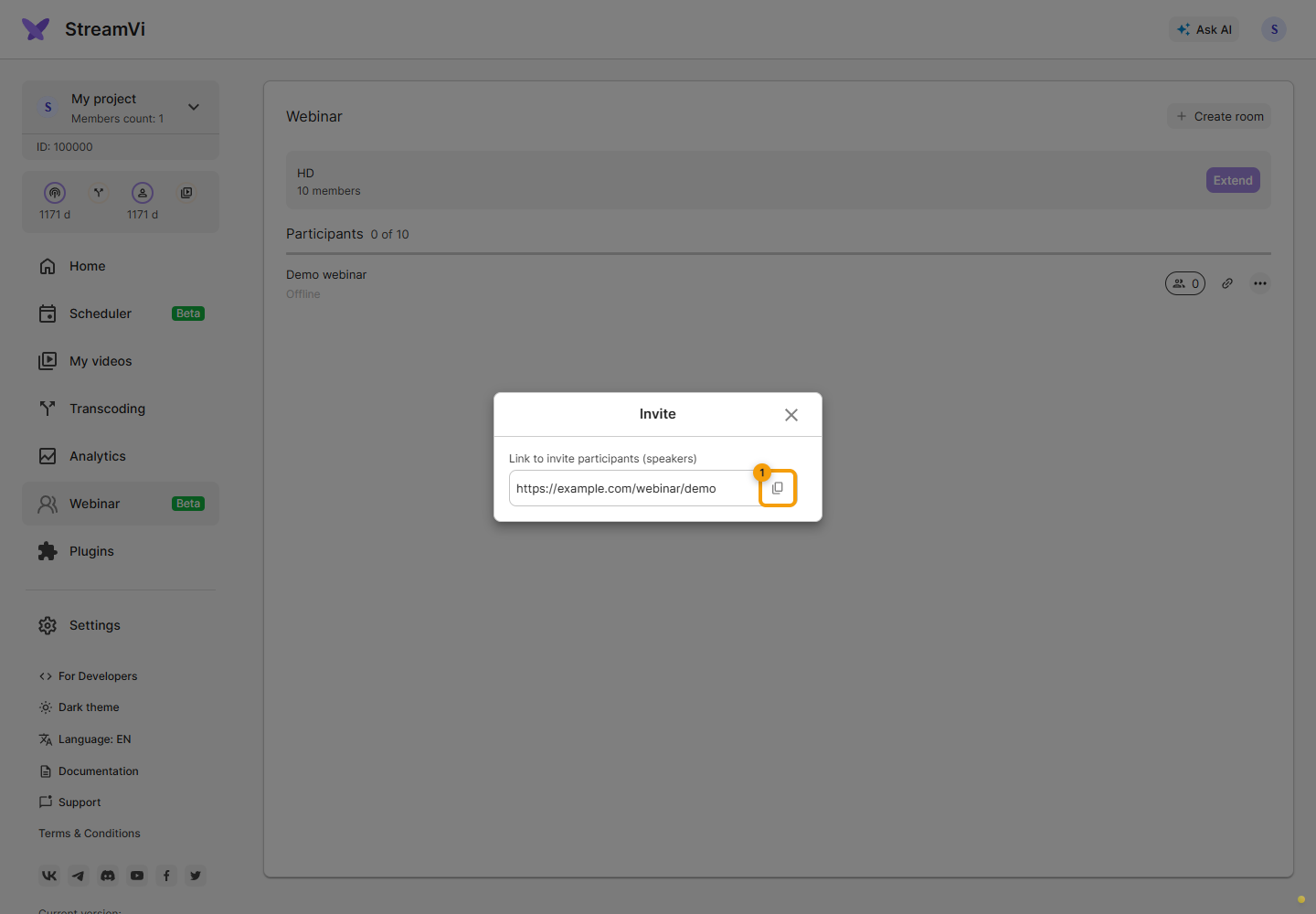 Webinars. 1. copy the address using the button on the right of the field