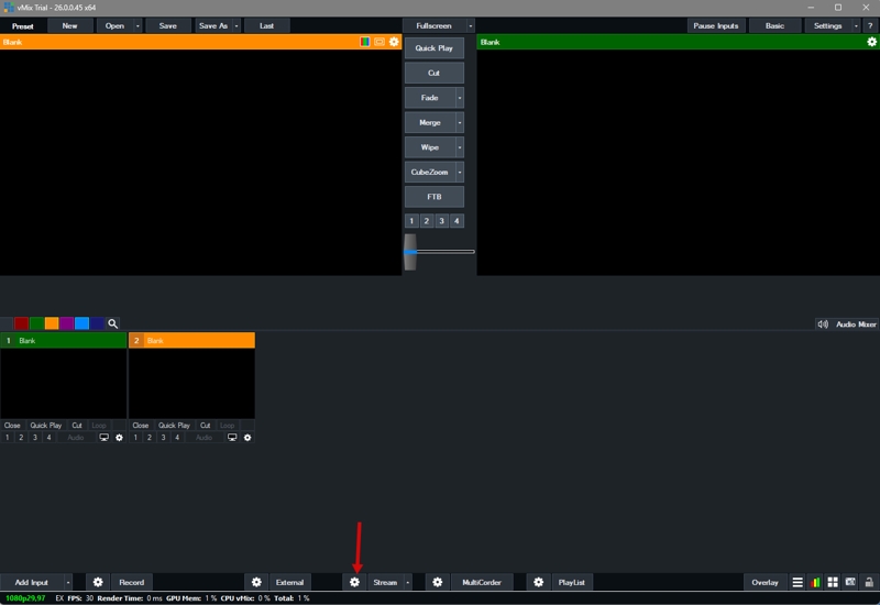 Открытие настроек трансляции vMix рядом с кнопкой Stream
